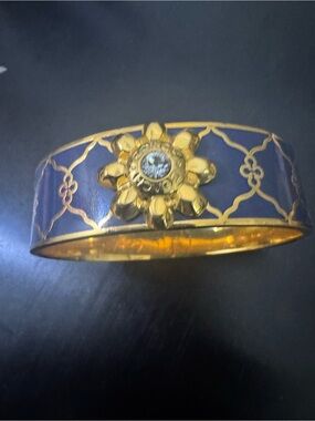 Coach Gold-Tone Metal with Navy Enamel Flower Hinged Bangle with Crystal Center